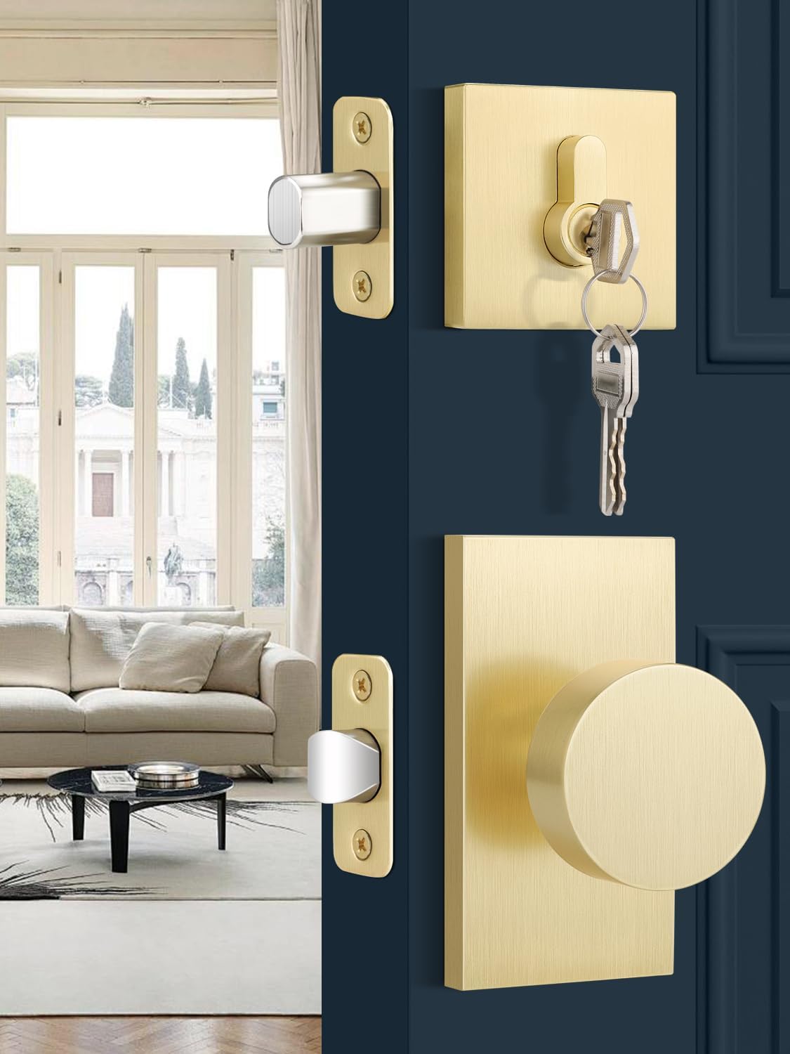 Entry Door Locksets with Deadbolt, 3 Pack Door Knobs Interior, Gold Door Handle with Single Deadbolt, Keyed Entry Door Knob, Universal for Left/Right Handled Doors, Satin Brass Door Lever Set