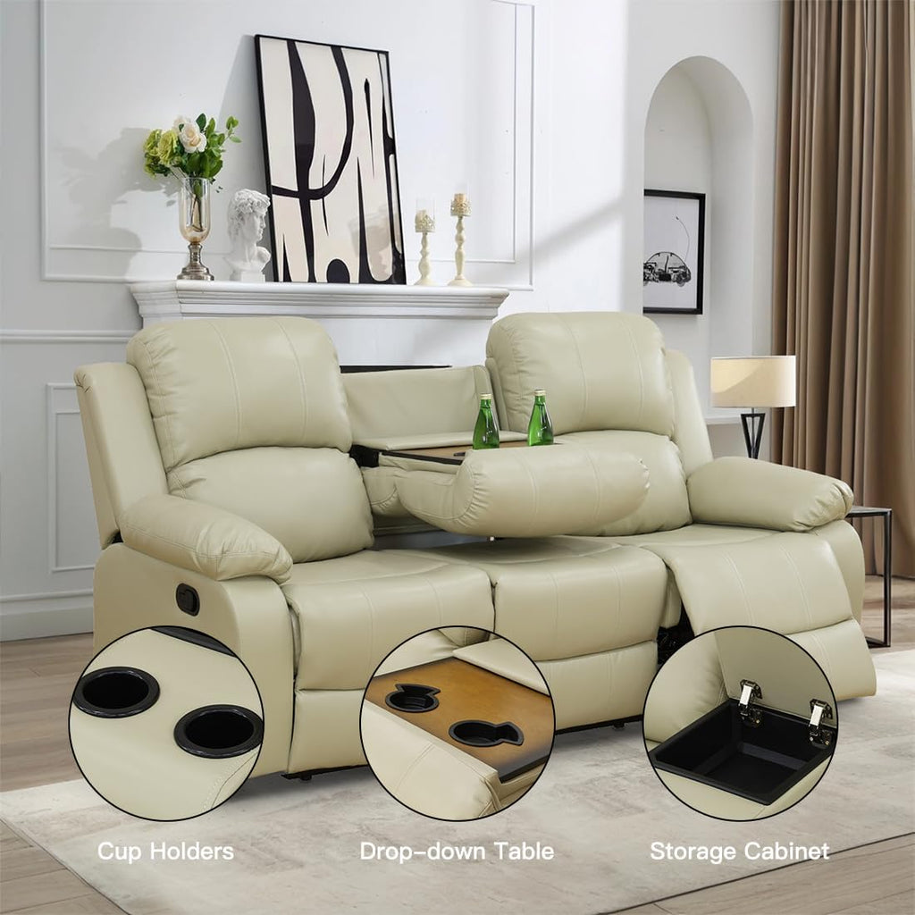 Living Room Furniture Set, Manual Reclining Sofa Set, Beige Leather Recliner Couch Sets with Drop-Down Table, Recliner Sofa with Storage Console/Cup Holder for Living Room/Apartment