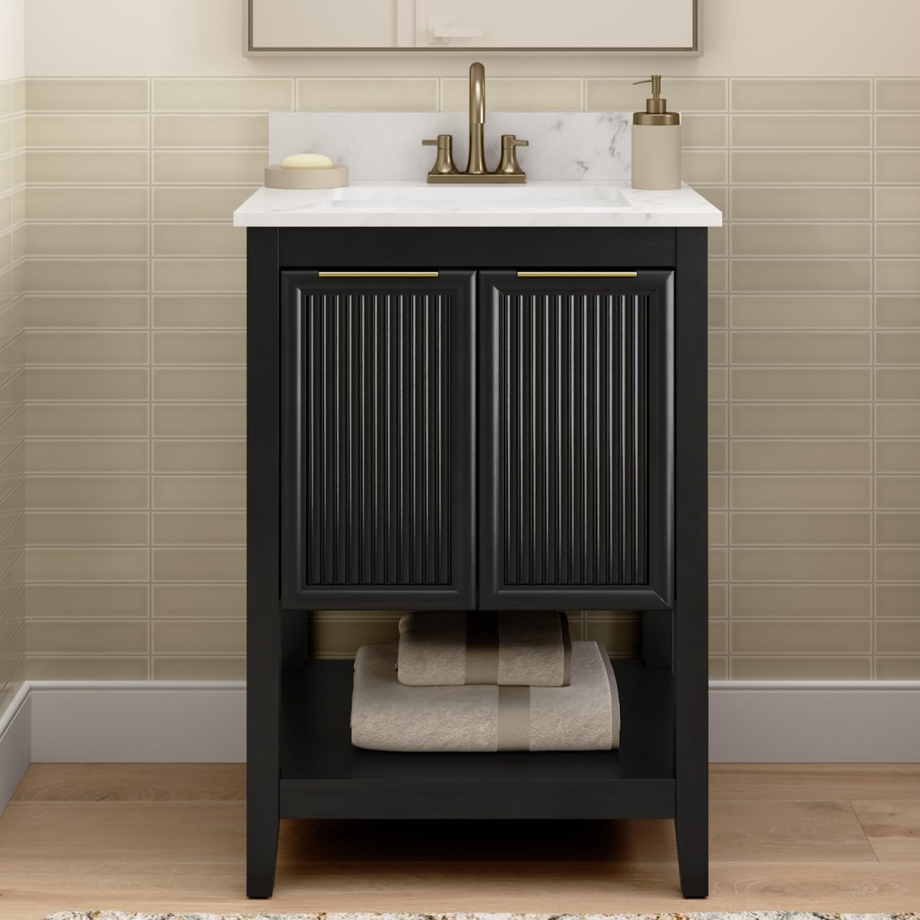 Bush Home 24-Inch Bathroom Vanity with Sink, Fluted Bathroom Cabinet with Faux Marble Basin and Backsplash, Freestanding Bathroom Storage Vanity, Faucet Not Included, Camille Collection, Onyx Birch