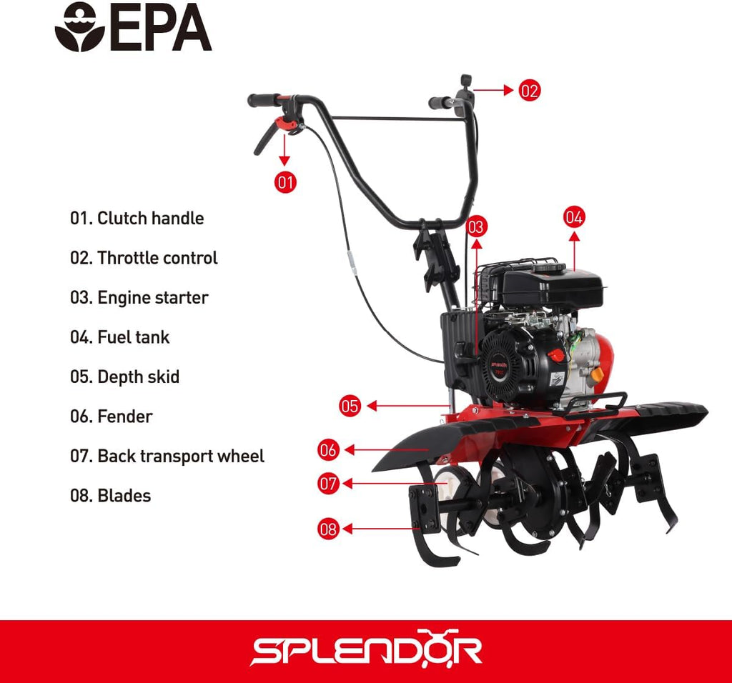 SPLENDOR 4-Cycle Gas Powered Tiller 79cc with Handle and Width Adjustable 24in