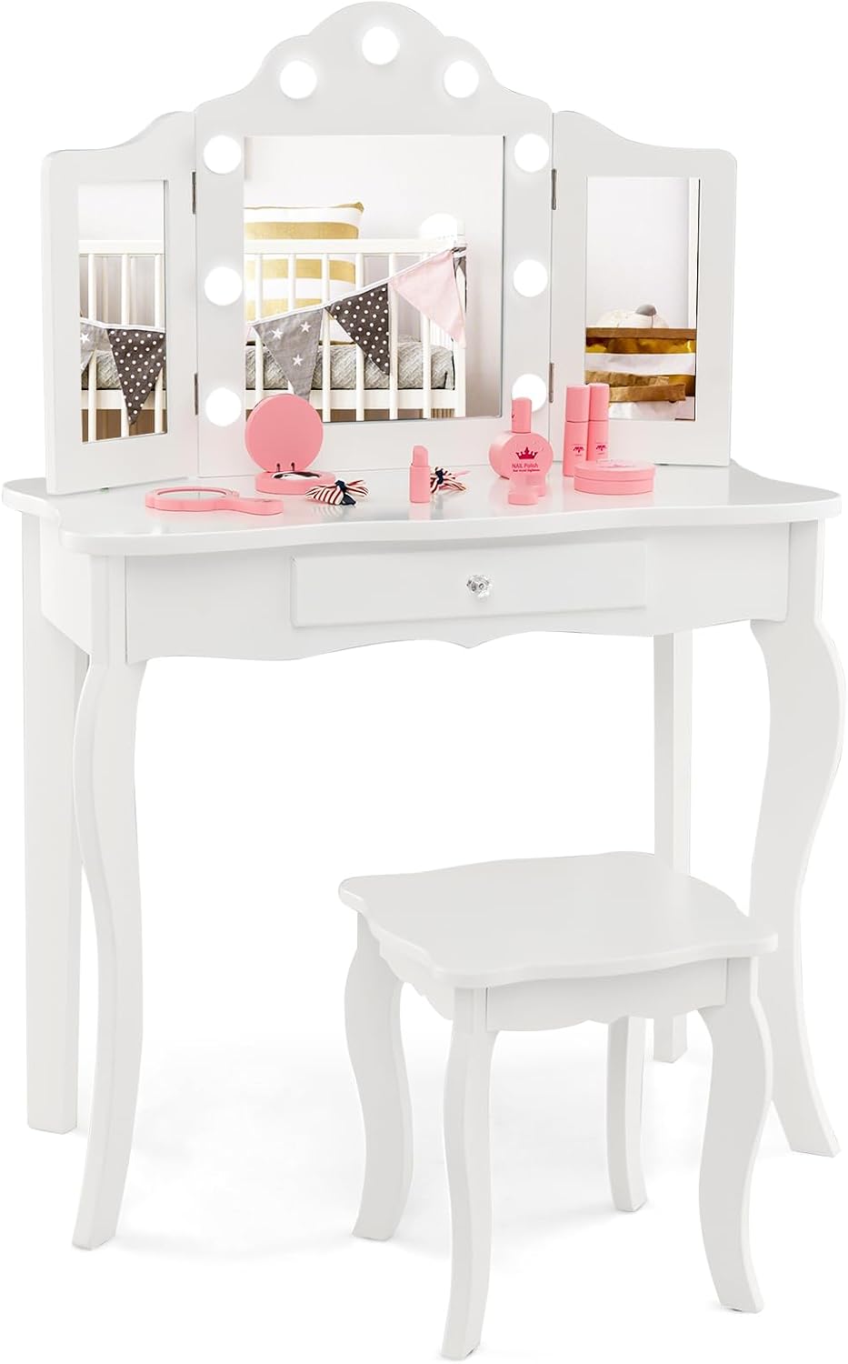 HONEY JOY Kids Vanity Set with Lighted Mirror, 2 in 1 Princess Toddler Dressing Table w/Tri-Fold Mirror & Drawer, Wooden Makeup Table & Chair Set, Pretend Play Vanity Set for Little Girls (White)