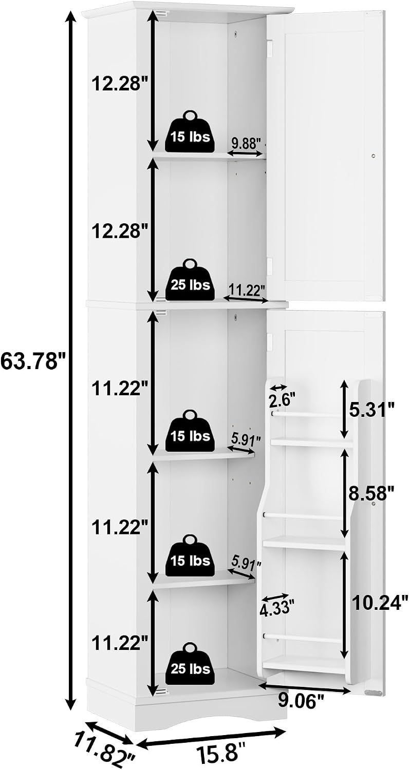 Function Home Tall Bathroom Storage Cabinet, 64' Slim Kitchen Pantry with Door Storage, Narrow Wood Freestanding Cabinets with Adjustable Shelves for Kitchen Living Room Dining Room, White