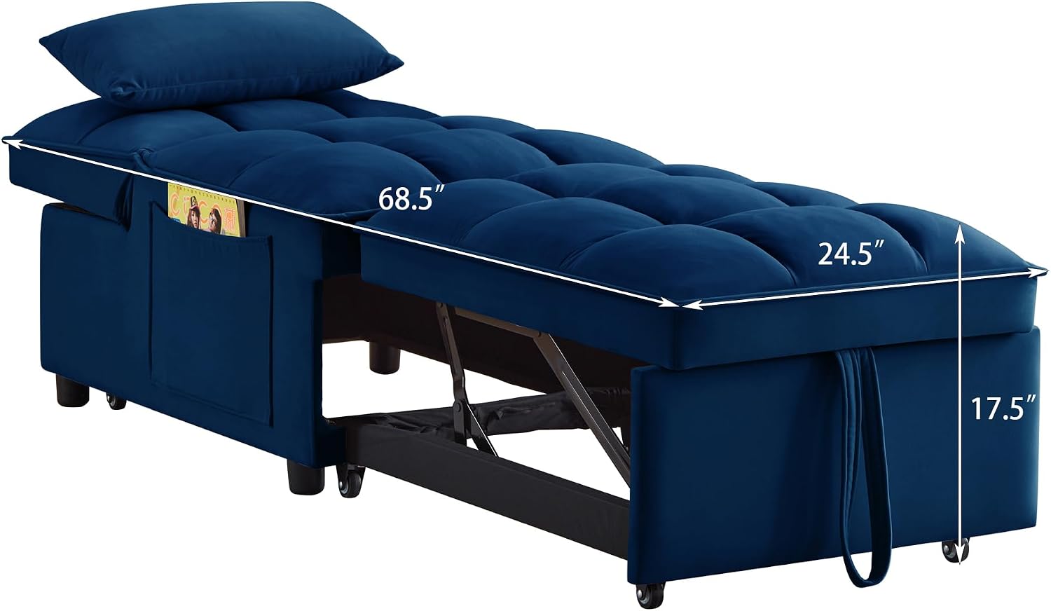 3 in 1 Convertible Sleeper Sofa Chair, Velvet Tufted Single Pull Out Couch Bed with Adjustable Backrest and Pillow, Multi-Function Chaise Lounge with Pockets, for Livingroom, Home Office,Navy