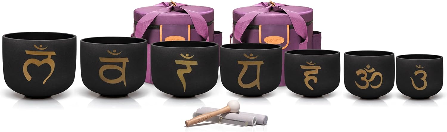 TOPFUND 6-12 inch Chakra Set of 7 Golden Sanskrit Black Crystal Singing Bowls with Heavy Duty Carrying Case and Singing Bowl Mallets