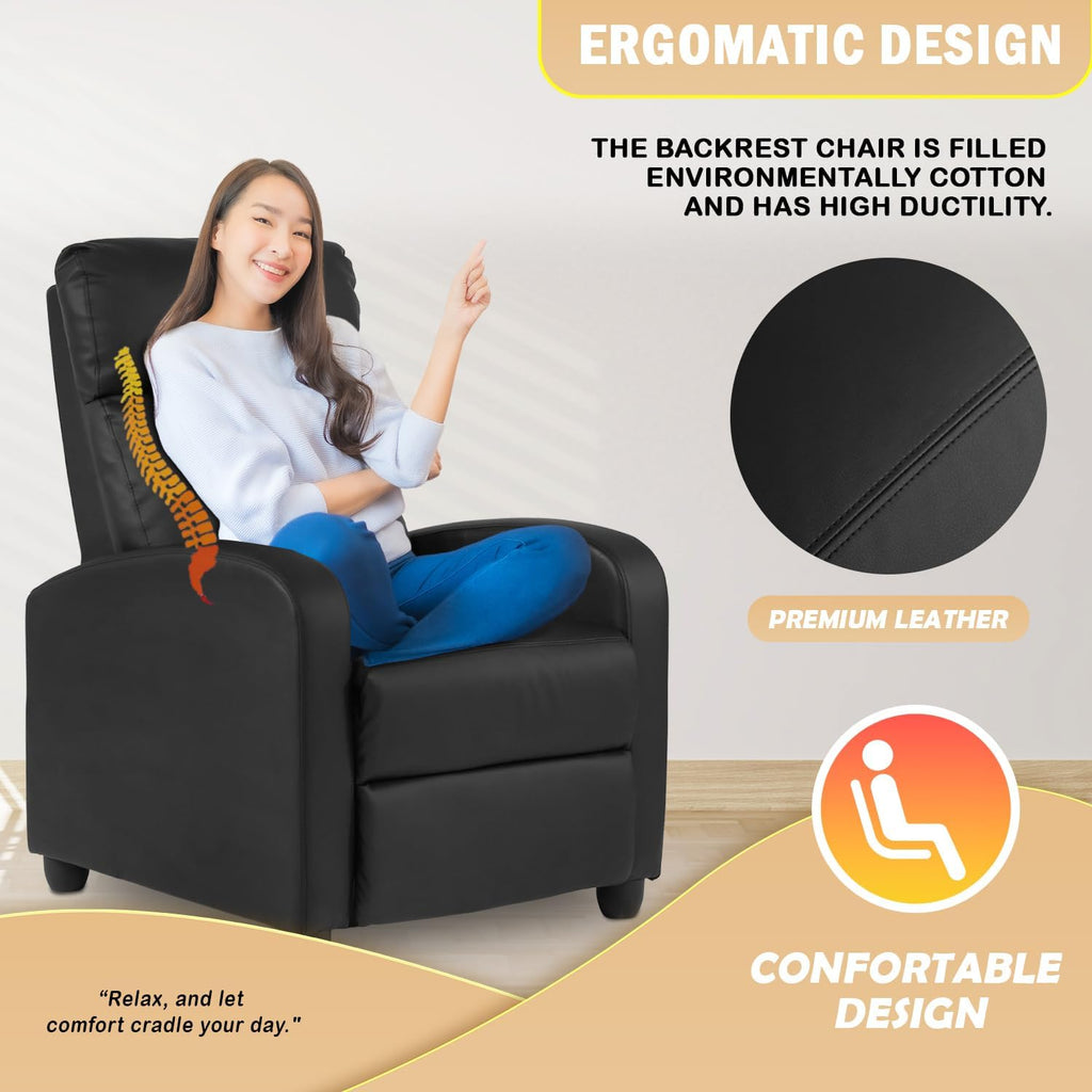 PayLessHere Recliner Chair Single Reclining Sofa Home Theater Seating with Lumbar Support and Padded Backrest for Living Room and Bedroom (Leather, Black)