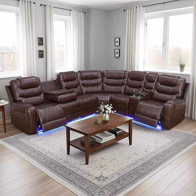 Living Room Furniture Set, Power Reclining Sofa Set, Air Leather Recliners with Built-in USB Ports and Storage Console, LED Reclining Couch Set for Living Room (Wine, Sectional)