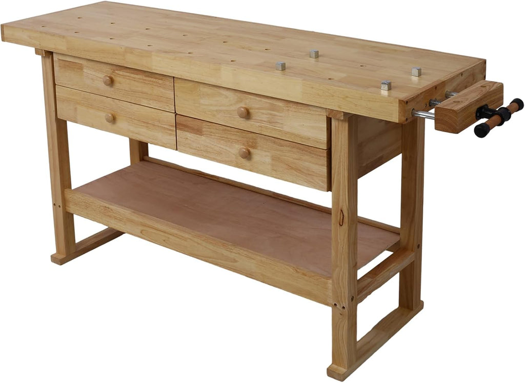Gecheer 60-inch Wooden Workbench with 4 Drawers, Heavy-Duty Rubberwood Garage Work Table, Includes 4 Bar Clamps (12' and 24')