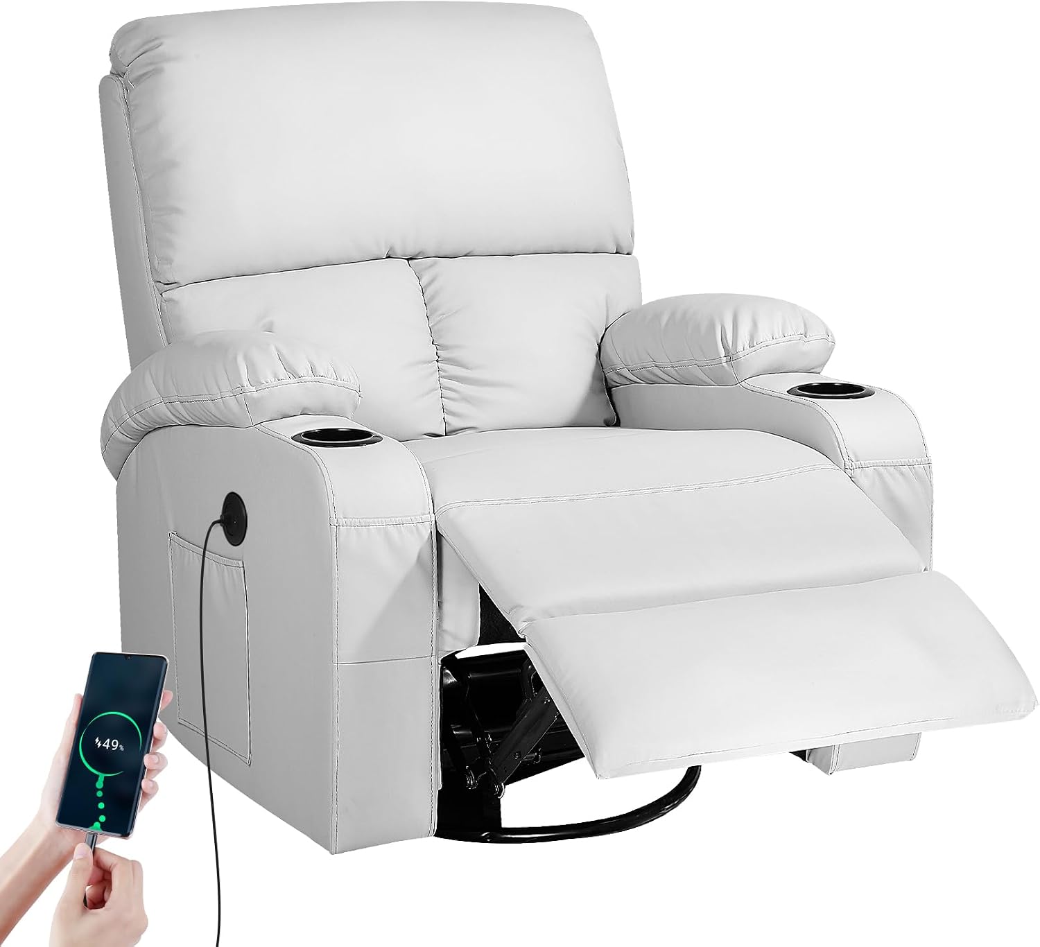 LEVELEVE Rocking Recliner Chair, Massage Rocker Recliner Chair with Vibration Massage and Heat, USB and Type-C Ports,360° Swivel Faux Leather Chairs, Living Room, Bedroom, Nursery, RV, Light Grey