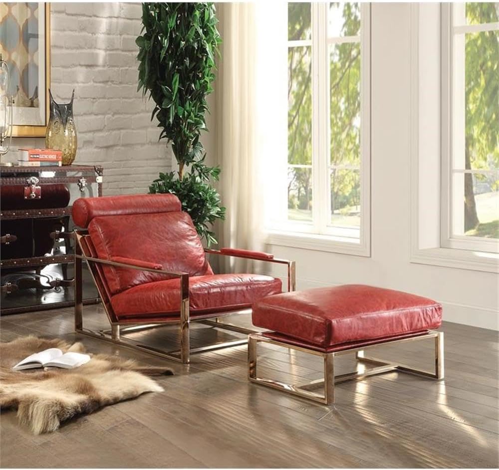 Acme Quinto Accent Chair in Antique Red Top Grain Leather and Stainless Steel