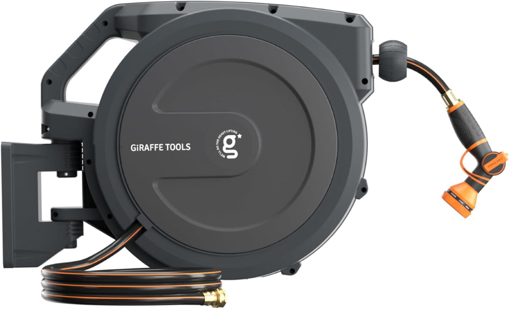 Giraffe Tools AW30 Wall Mounted 1/2' x 100 ft Garden Hose Reel, Retractable Water Hose Reel, Automatic Rewind & Lock at Any Length