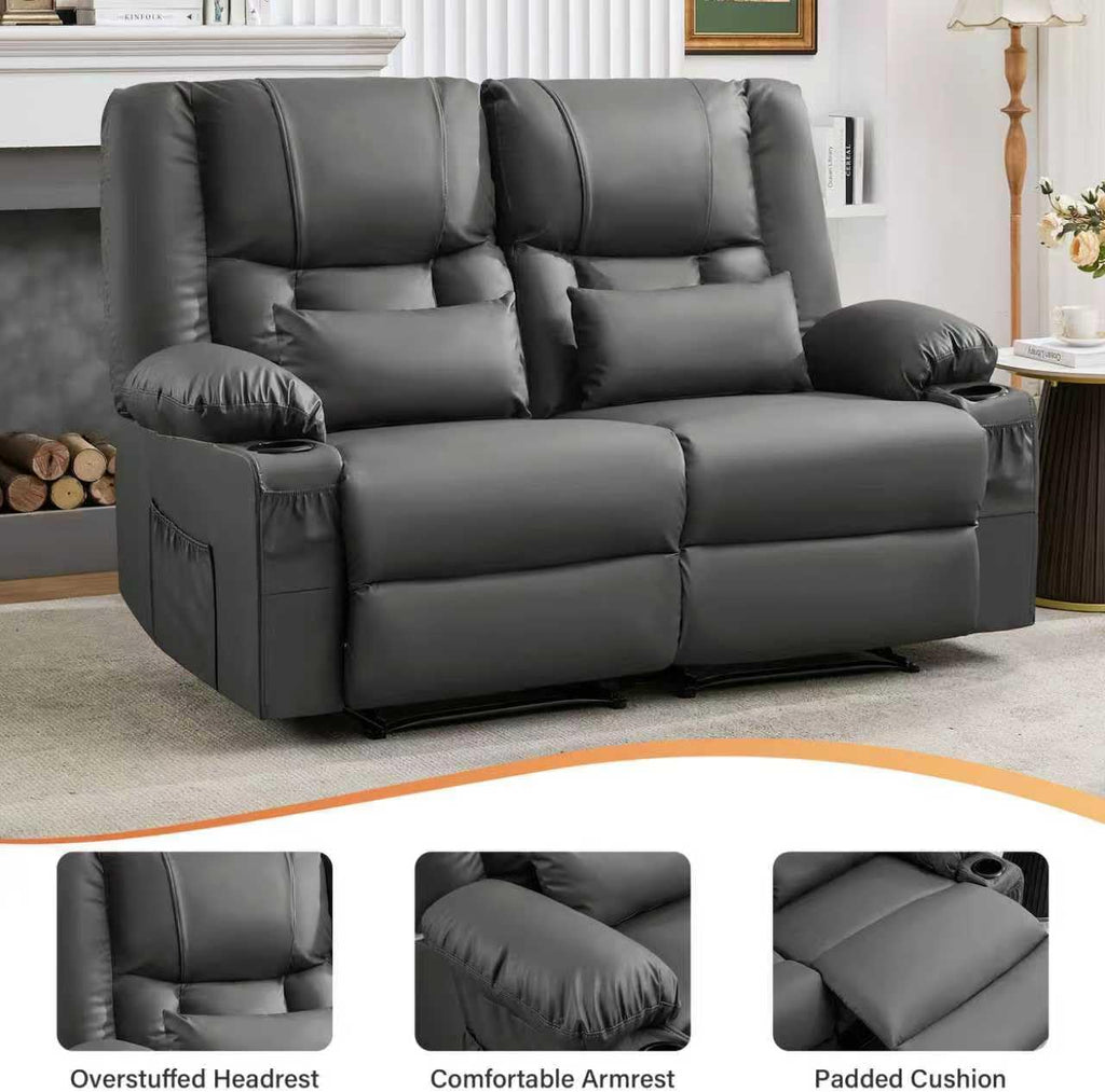 HRVEOCEI Grey Leather Loveseat Recliner with Massage/Heat, Oversized Recliner Couch & Reclining Loveseat with Cup Holders/Pillow, Manual Reclining Sofa for Living Room/Rv/Home Theater Seating (Grey)