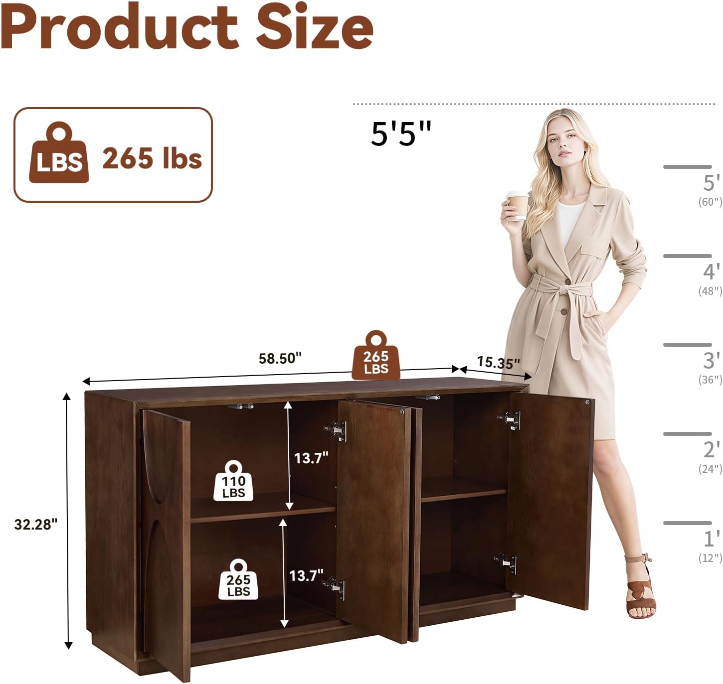 LKTART 59' Sideboard Buffet Cabinet Retro Accent Storage Cabinet with Magnetic Door Latches Adjustable Shelf for Living Room Kitchen(Walnut)