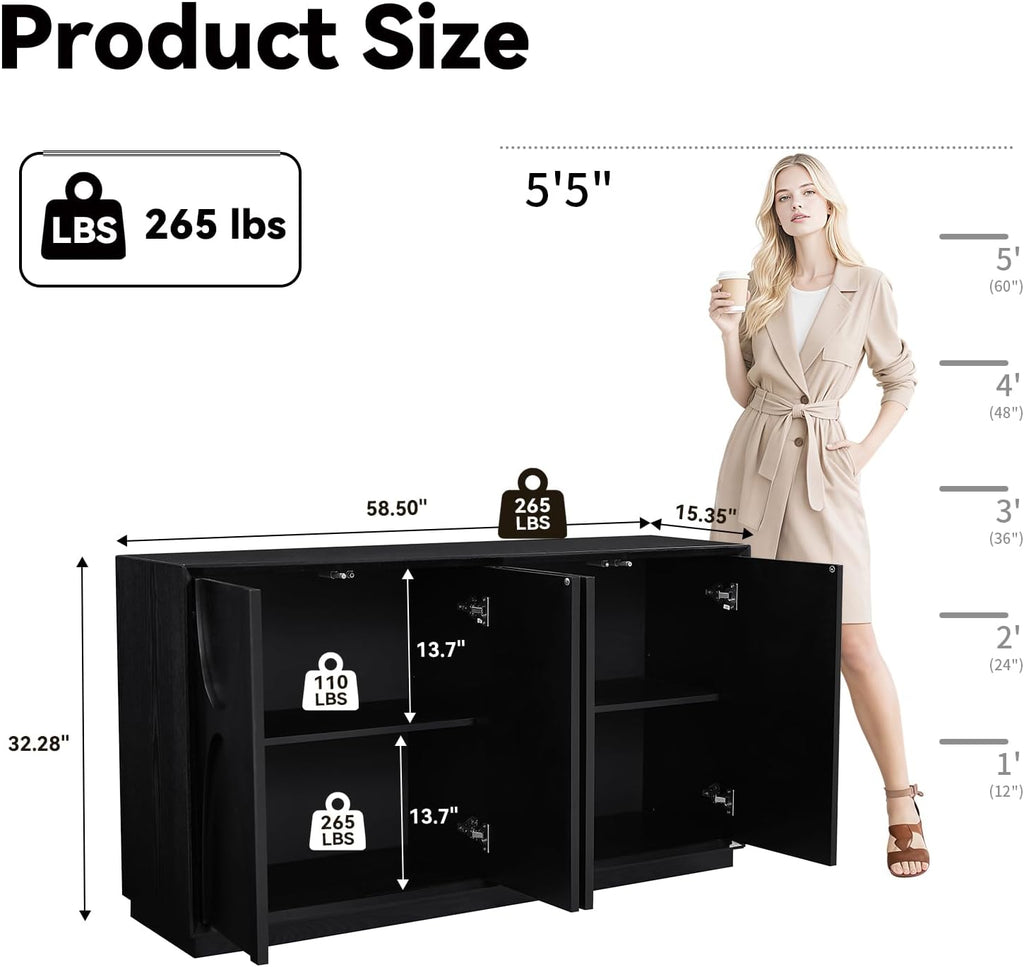 LKTART 59' Sideboard Buffet Cabinet Retro Accent Storage Cabinet with Magnetic Door Latches Adjustable Shelf for Living Room Kitchen(Black)