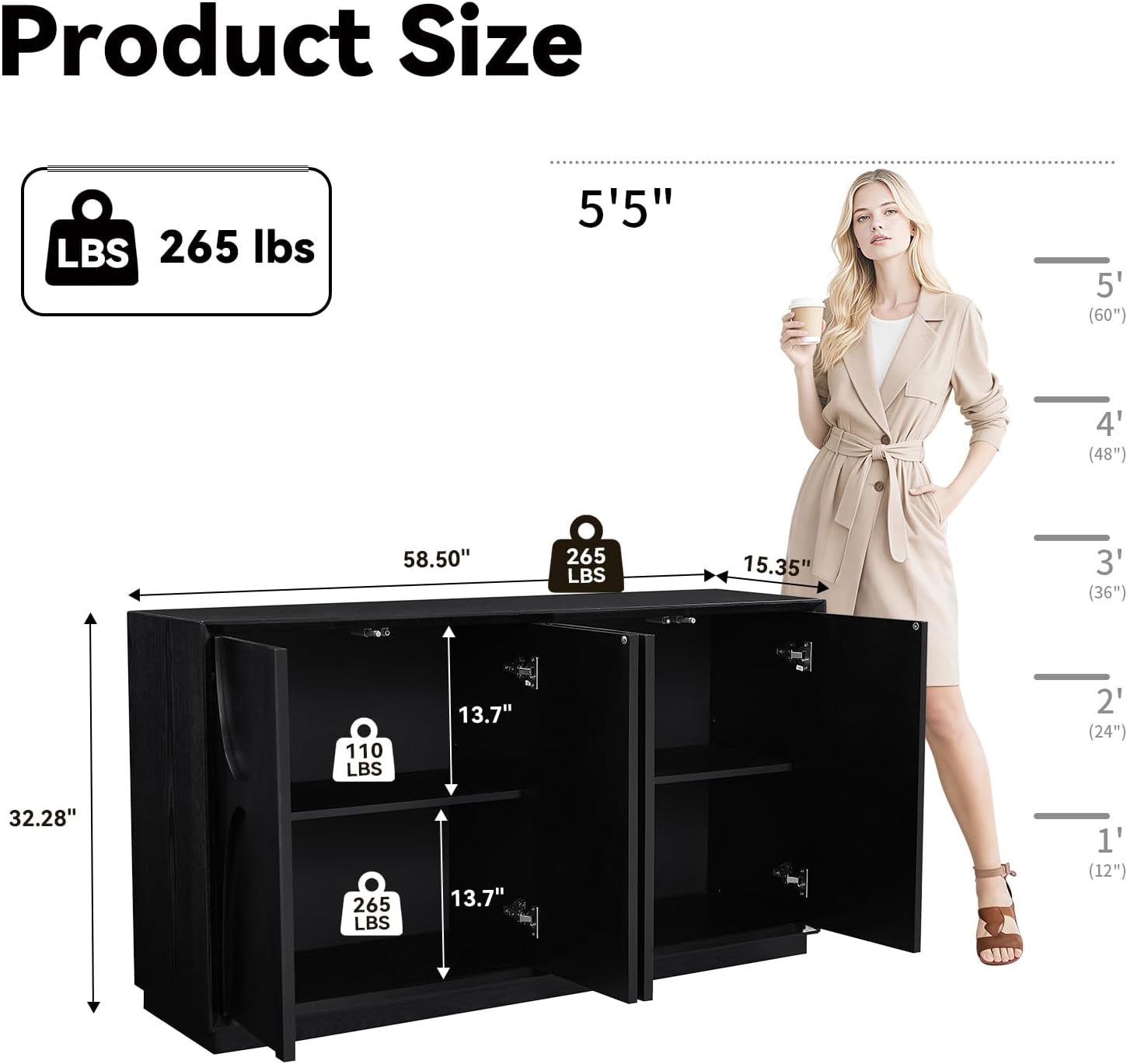 LKTART 59' Sideboard Buffet Cabinet Retro Accent Storage Cabinet with Magnetic Door Latches Adjustable Shelf for Living Room Kitchen(Black)