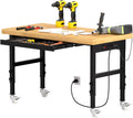 48' Heavy-Duty Solid Wood Work Bench with Drawers, Adjustable Height Workbench with Wheels, 2000 LBS Capacity Work Table with Power Outlets for Garage, Workshop(48' X 24')