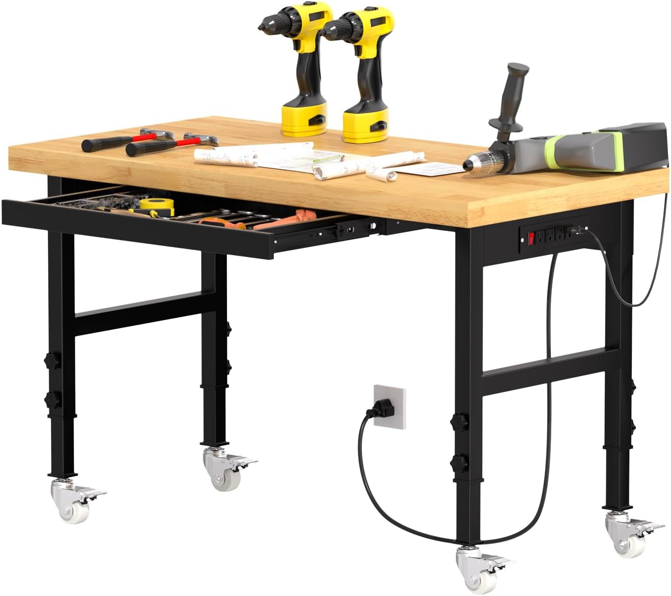 48' Heavy-Duty Solid Wood Work Bench with Drawers, Adjustable Height Workbench with Wheels, 2000 LBS Capacity Work Table with Power Outlets for Garage, Workshop(48' X 24')