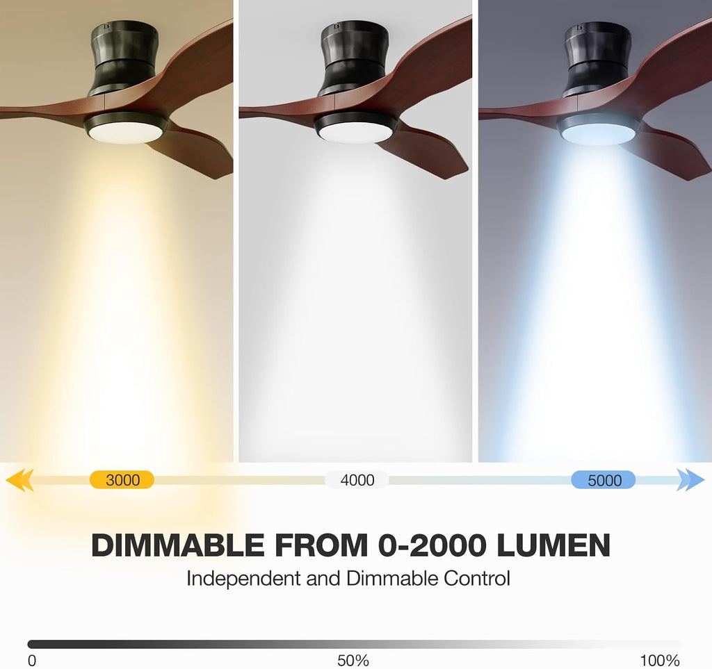 Smart 52' Wood Flush Mount Ceiling Fan for Bedroom, Red Walnut | Quiet DC Motor, WiFi Alexa Voice Control, High CFM Dimmable LED, Low Profile, Reversible, 6 Speeds Adjustment, Time Setting