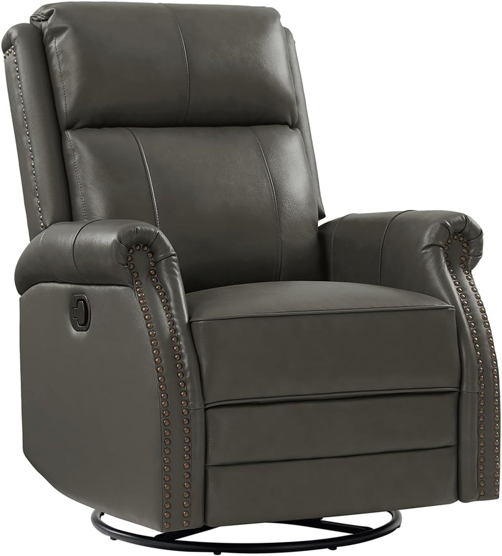 HULALA HOME Genuine Leather Swivel Rocker Recliner with Adjustable Backrest & Footrest, Manual Glider Recliner Chair with 360°Swivel Base, Home Theater Sofa Armchair for Living Room Bedroom, Grey