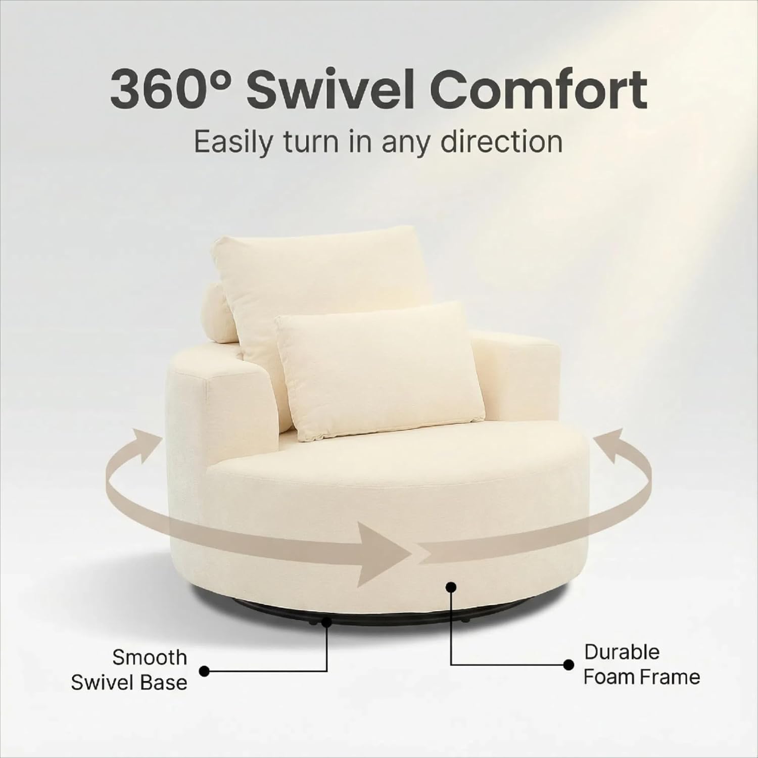 Furnimart 360° Swivel Oversized Barrel Chair, Chenille Upholstered Round Accent Chair with High Density Sponge, No Assembly Lazy Sofa for Living Room Bedroom Office, Beige