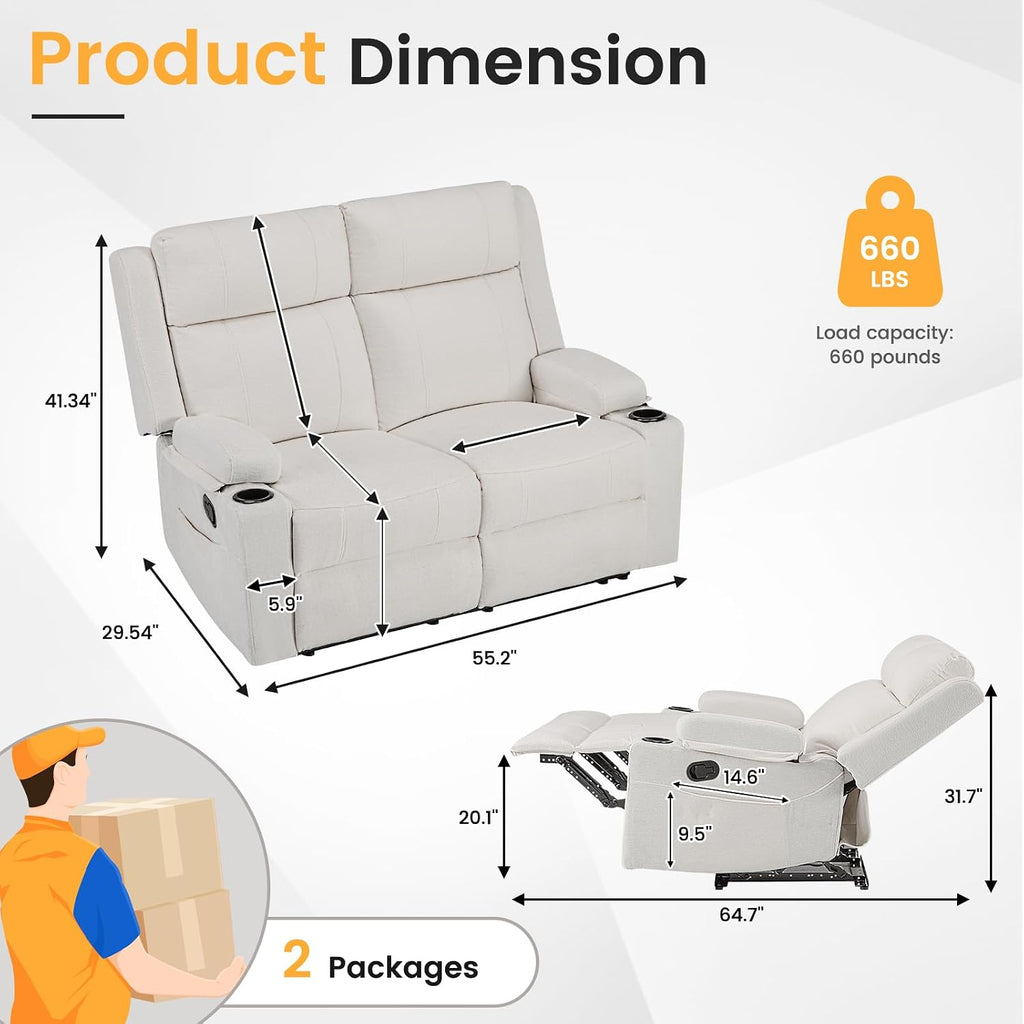 Loveseat Recliner, Loveseat Sofa with Adjustable Footrest, Wall Hugger Recliner for Living Room & Home Theater & RV(Beige)