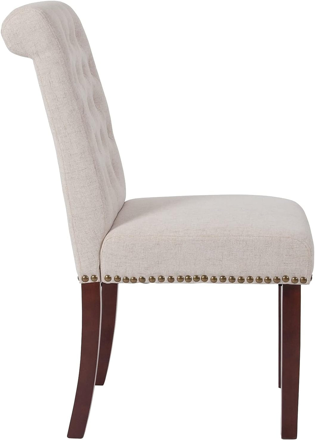 Flash Furniture HERCULES Series Beige Fabric Parsons Chair with Rolled Back, Accent Nail Trim and Walnut Finish