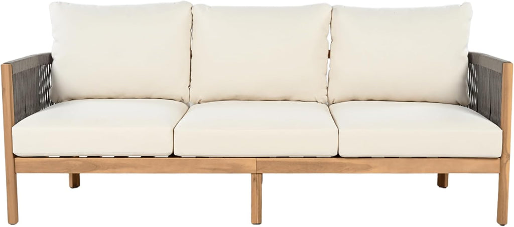 Christopher Knight Home Havets 77'W Outdoor 3 Seater Sofa, 6' Thick Cushion Couch, Acacia Wood Bench Sofa, Comfy Woven Rope Armchair, Spacious Seating Bench Couch for Backyard Garden Porch, Gray+Beige