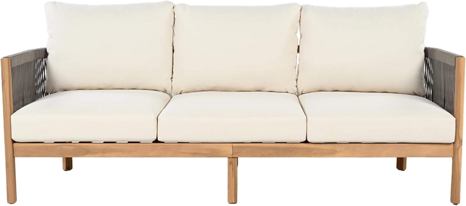 Christopher Knight Home Havets 77'W Outdoor 3 Seater Sofa, 6' Thick Cushion Couch, Acacia Wood Bench Sofa, Comfy Woven Rope Armchair, Spacious Seating Bench Couch for Backyard Garden Porch, Gray+Beige