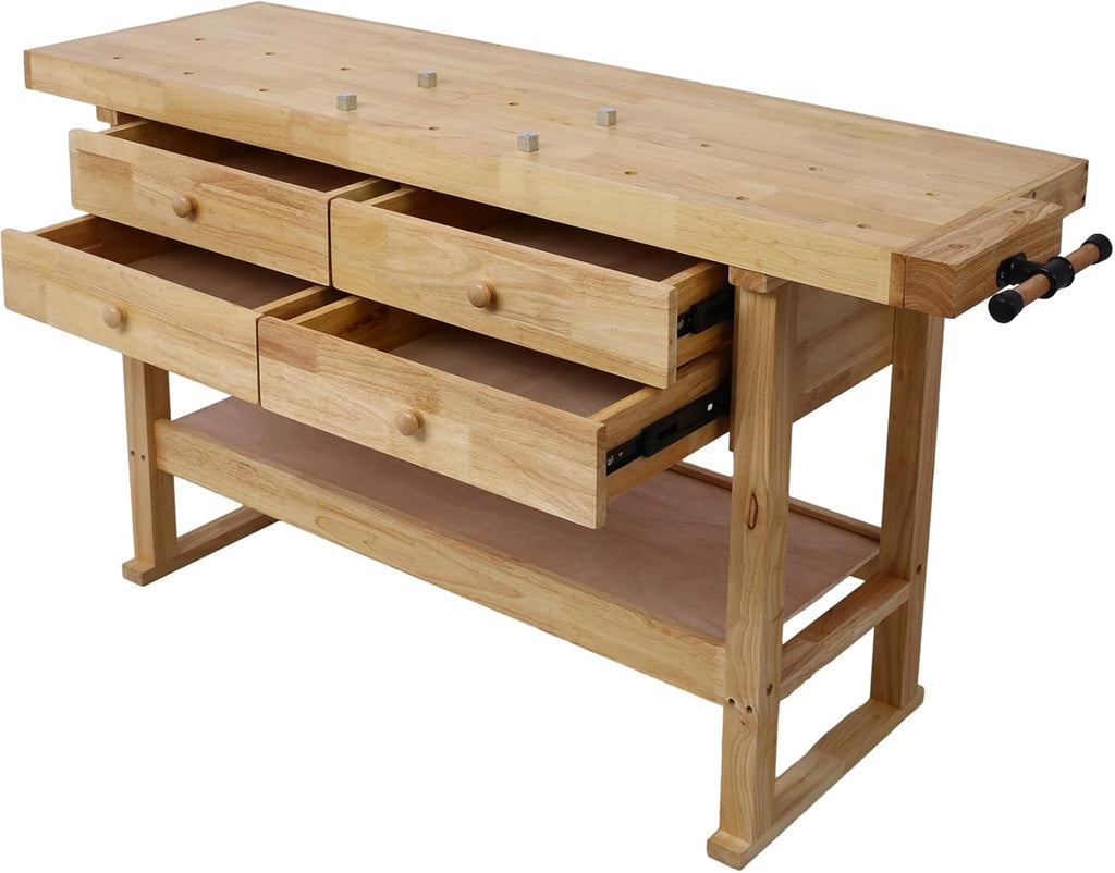 Gecheer 60-inch Wooden Workbench with 4 Drawers, Heavy-Duty Rubberwood Garage Work Table, Includes 4 Bar Clamps (12' and 24')