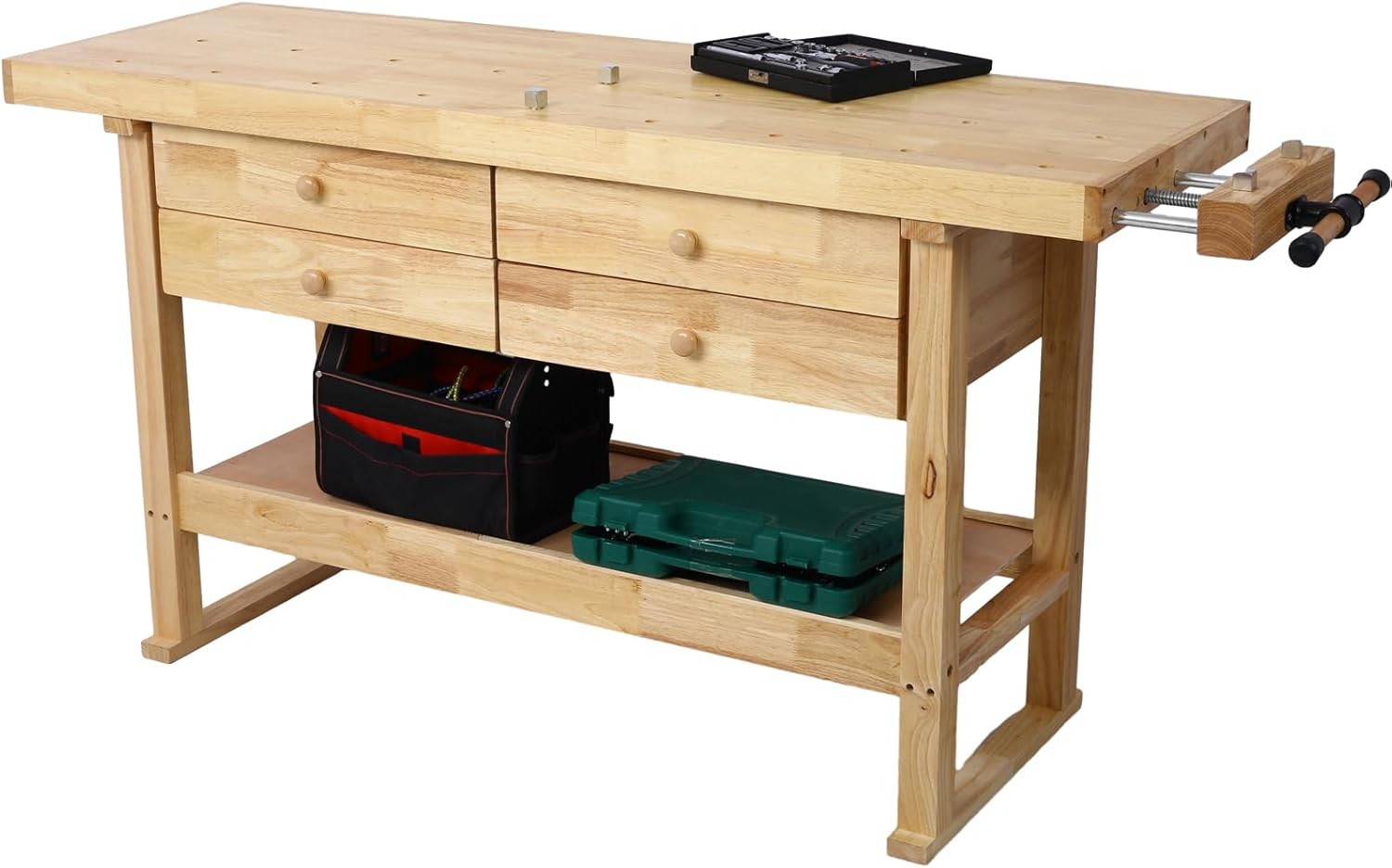 Montary 60-Inch Wood Workbench - Rubber Wooden Heavy Duty Work Bench with 4-Drawer & Shelf, 450lbs Weight Capacity Work Bench for Garage Workshop, Woodworking and Home