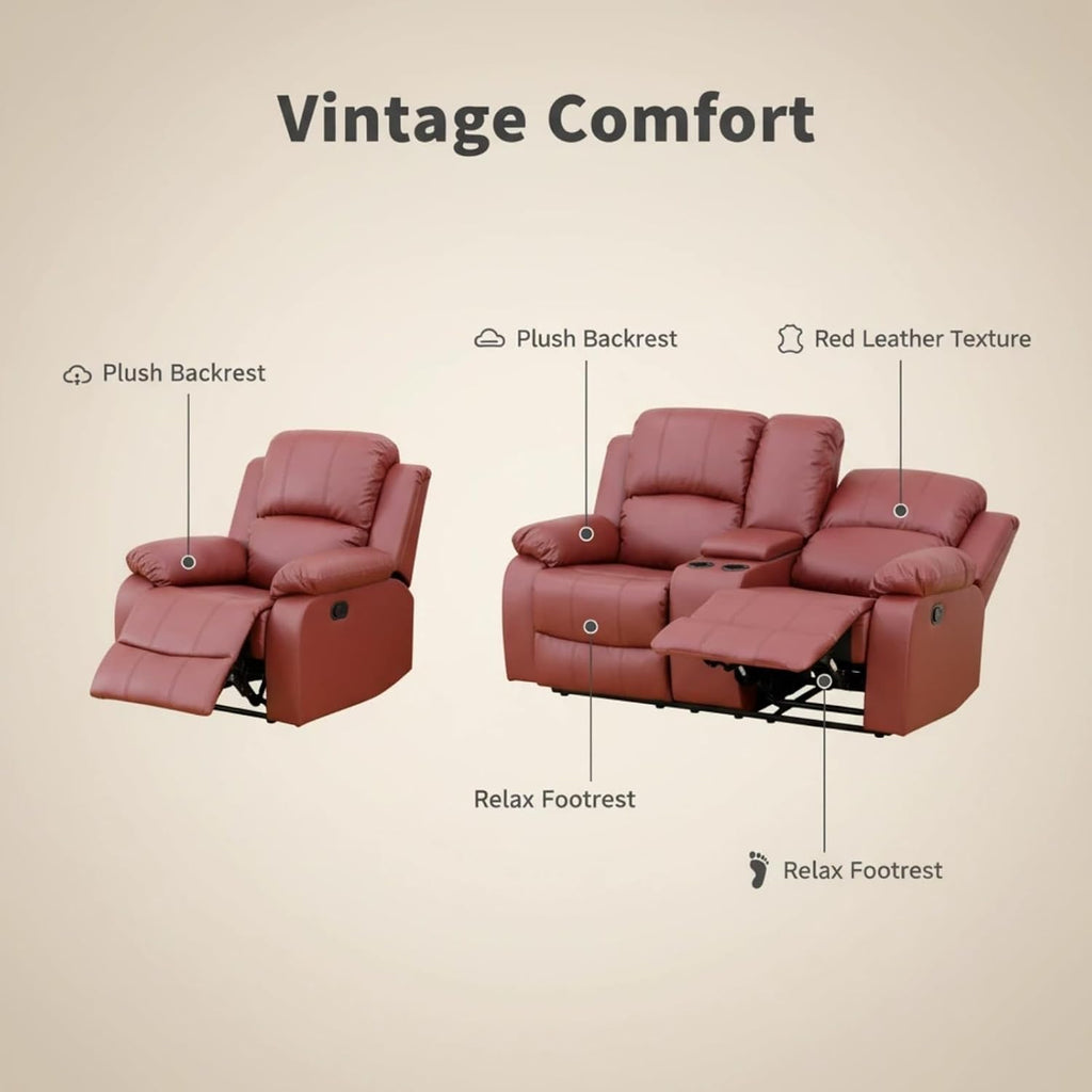 2-Piece Leather Manual Recliner Sofa Set, Adjustable Backrest Reclining Loveseat Sofa & Recliner Chair with Storage Console & Cup Holders for House, Home Theater, Red
