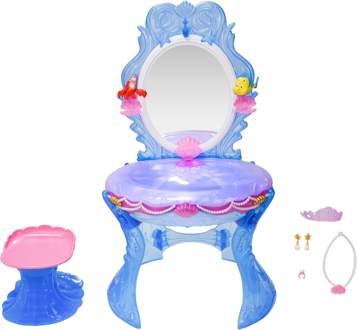 Disney Princess Ariel Vanity for Girls with Lights & Sounds, Plays 'Under The Sea' - Magical Light Up Effect Looks Just Like Water! Pretend Play Girls Vanity Set with Mirror and Stool