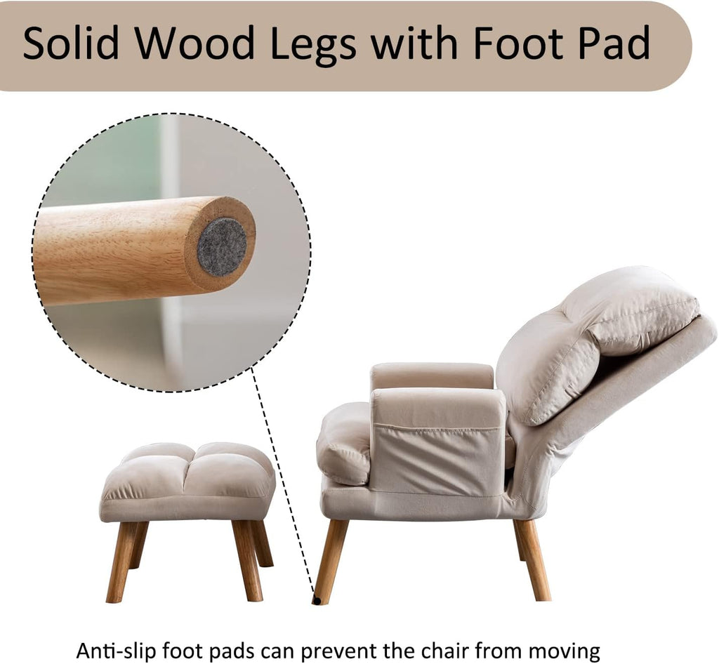 INZOY Accent Chairs with Ottoman Set, Modern Velvet Armchair with Adjustable Backrest, Comfy Lounge Chair for Living Room Bedroom, Beige