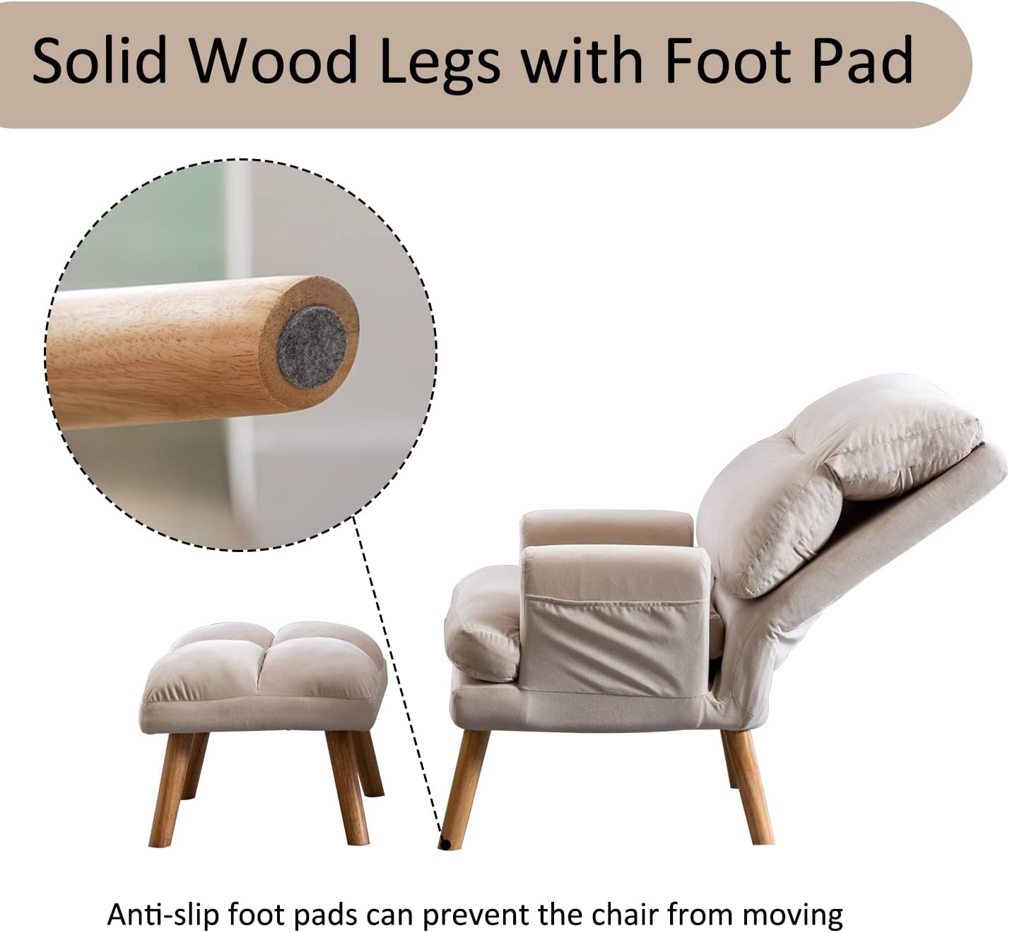 INZOY Accent Chairs with Ottoman Set, Modern Velvet Armchair with Adjustable Backrest, Comfy Lounge Chair for Living Room Bedroom, Beige