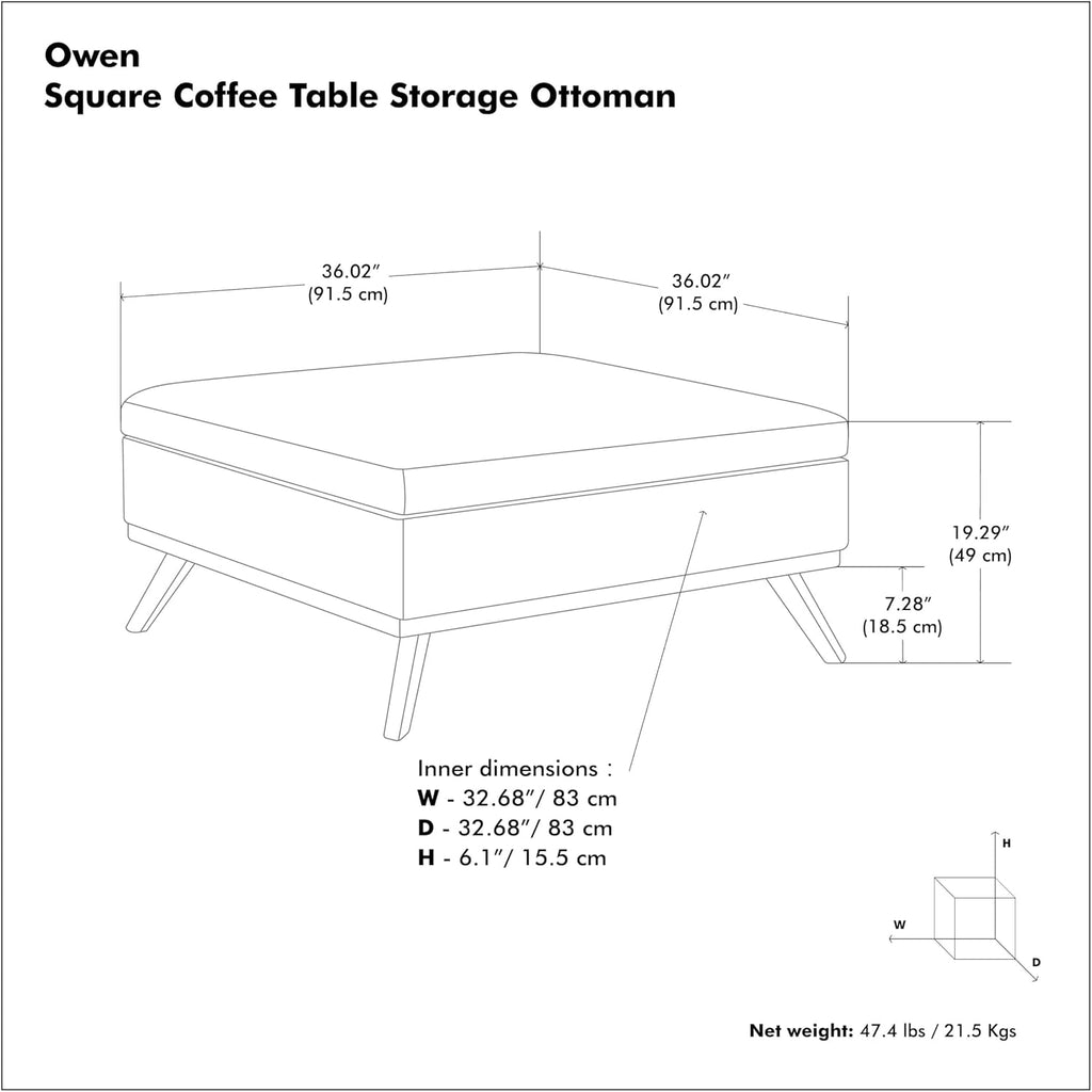 SIMPLIHOME Owen Square Coffee Table Storage Ottoman - 36 inch Wide Upholstered Vegan Leather Lift-Top Ottoman in Distressed Saddle Brown, Mid-Century Modern Ottoman for Living Room with Tufted Detail