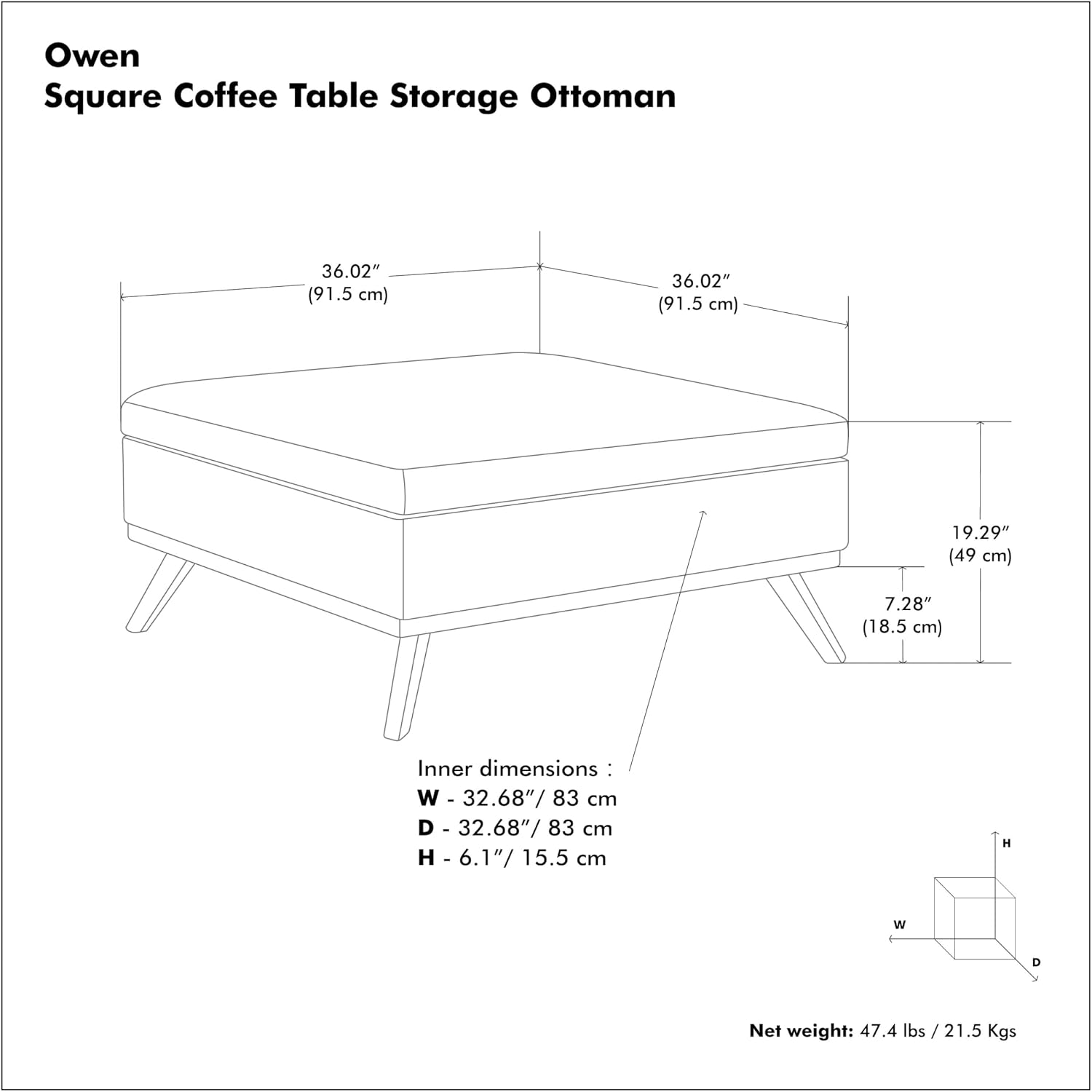 SIMPLIHOME Owen Square Coffee Table Storage Ottoman - 36 inch Wide Upholstered Vegan Leather Lift-Top Ottoman in Distressed Saddle Brown, Mid-Century Modern Ottoman for Living Room with Tufted Detail