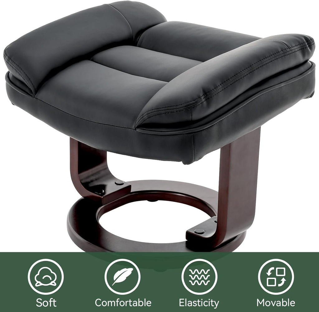 Vogue Furniture Direct Swivel Recliner Chair with Ottoman, Adjustable PU Leather Recliner with Wood Base, Thick Padded Cushion, Modern Reclining Chair & Ottoman Set for Living Room, Bedroom (Black)