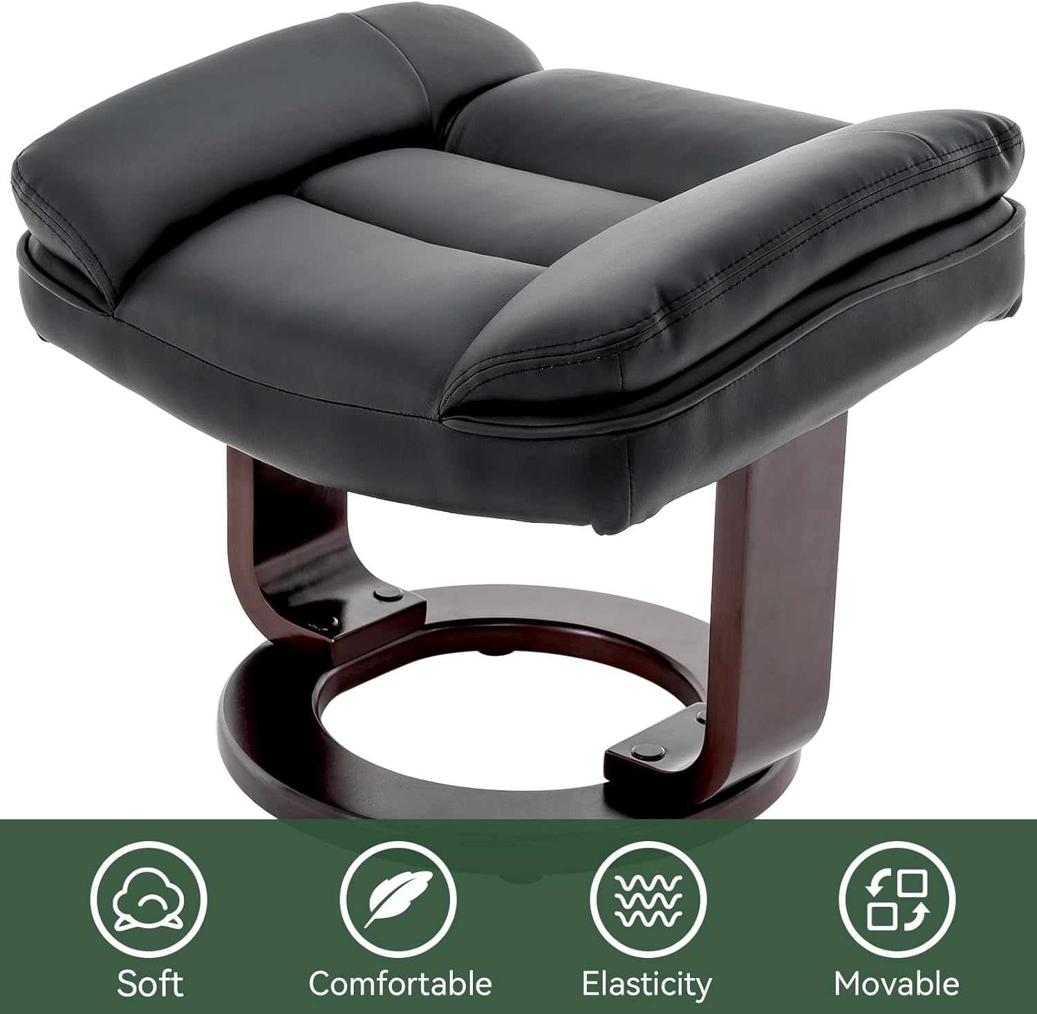 Vogue Furniture Direct Swivel Recliner Chair with Ottoman, Adjustable PU Leather Recliner with Wood Base, Thick Padded Cushion, Modern Reclining Chair & Ottoman Set for Living Room, Bedroom (Black)