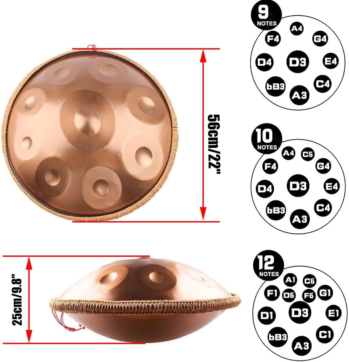 Hand Pan Drum 440hz/432hz Adults Handpan Drum Instrument in D Minor 9/10/12 Notes Steel Handpan with Soft Hand Pan Bag Mallets Bracket 22 Inches(Deep purple,432HZ/12Note)