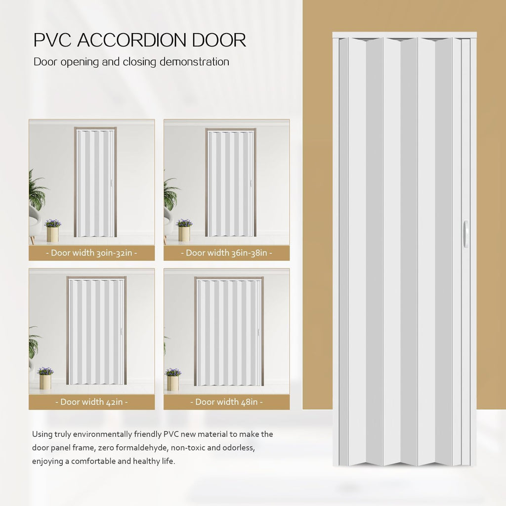 72X79in Interior Folding Accordion Doors for Living Spaces,White PVC,Handle Latch Includes
