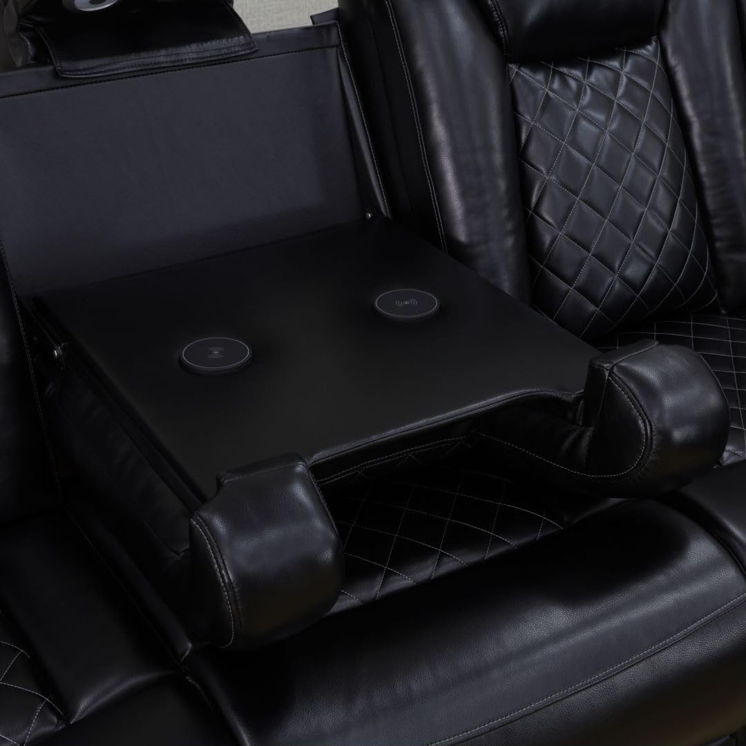 Reclining Sectional, Power Sectional Couch, Leather Sofa Set for Living Room, Comfy Home Theater Seating with USB 2.0 Charging Ports, LED Light Strips, Fold-Down Table & Cupholders (Black, 3-Piece)