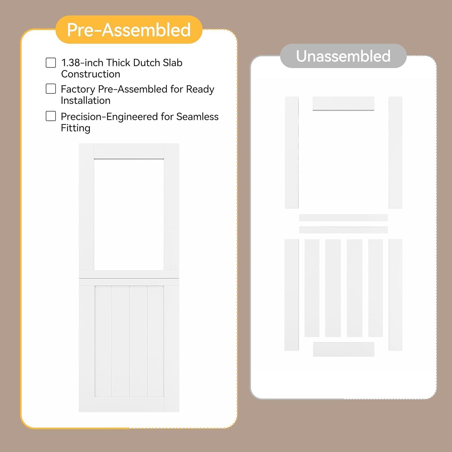 Double French Dutch Door Slab, 60'x 80' Interior Pre-Assembled 1.38' White Solid Wood Core with Clear Glass Panel, 4 Hinges & Latch Included, Pocket Barn Doors for Living Room Pantry Closet Porch