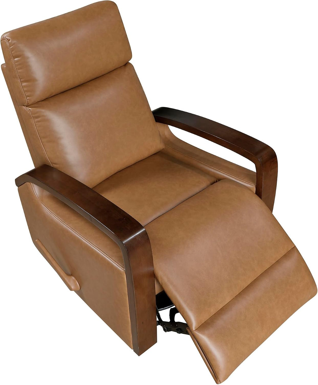 Lexicon 360 Degree Swivel Glider Reclining Chair, Breathable Faux Leather Manual Recliner, Comfy Nursery Glider Recliner, Wood Arms, Pull Handle for Living Room/Office/Bedroom/Apartment, Camel Brown
