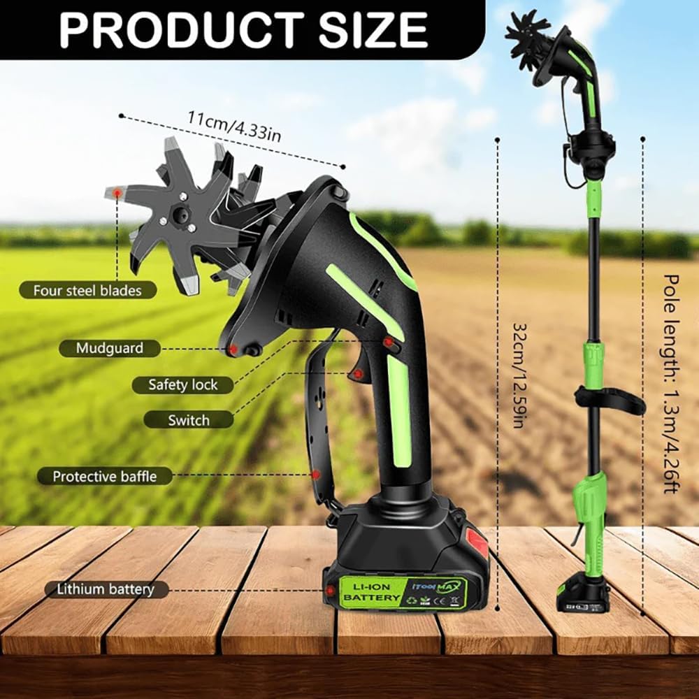 24V 2-in-1 Cordless Tiller Cultivator & Electric Handheld Tiller, 4' Depth x 4' Width, 51' Extension Rod, 235 RPM Lightweight Electric Garden Tiller with 2x1500mAh Batteries & Charger