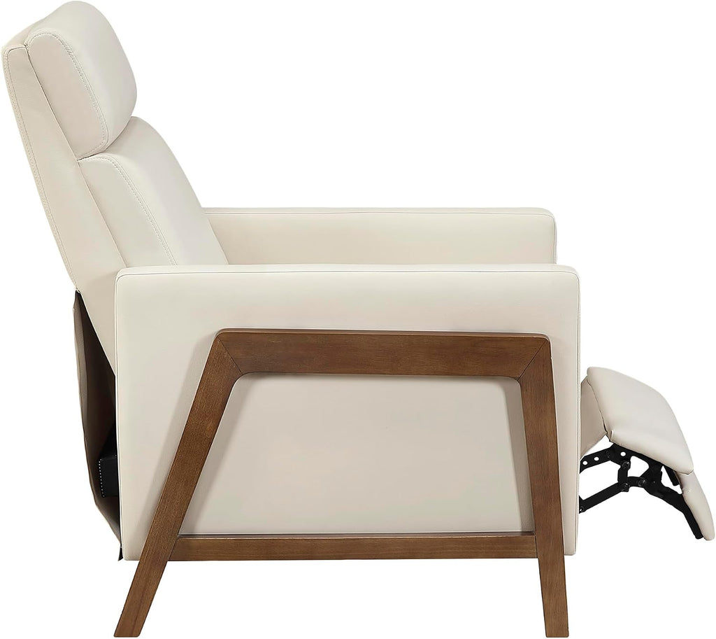 Lexicon Push Back Recliner Chair, Faux Leather Upholstered Reclining Chair with Footrest, Exposed Dark Brown Finish Wood Frame, Small Recliner for Small Space, Living Room, Bedroom, Light Beige