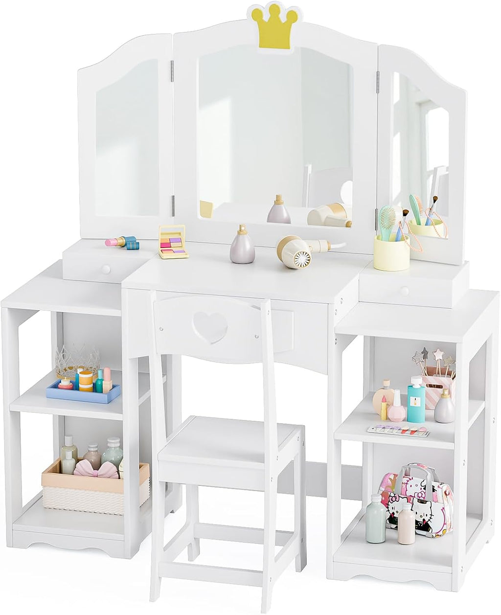JOYMOR Kids Vanity Table and Chair Set with Tri-Fold Mirror, Extra-Wide Kids Vanity Set, Princess Dressing Table with Stool for Girls Ages 3-8 (White)