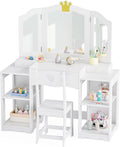 JOYMOR Kids Vanity Table and Chair Set with Tri-Fold Mirror, Extra-Wide Kids Vanity Set, Princess Dressing Table with Stool for Girls Ages 3-8 (White)