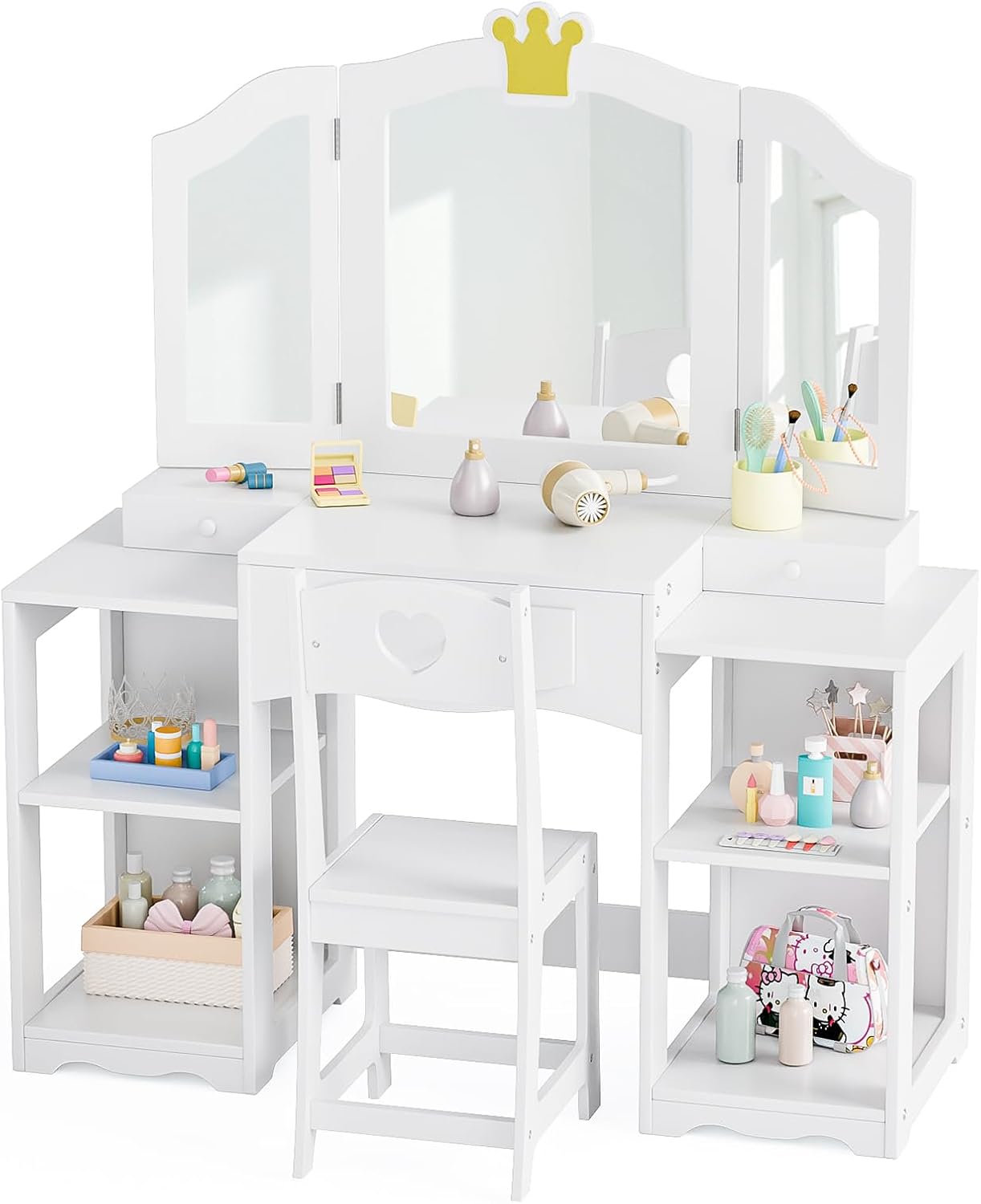 JOYMOR Kids Vanity Table and Chair Set with Tri-Fold Mirror, Extra-Wide Kids Vanity Set, Princess Dressing Table with Stool for Girls Ages 3-8 (White)