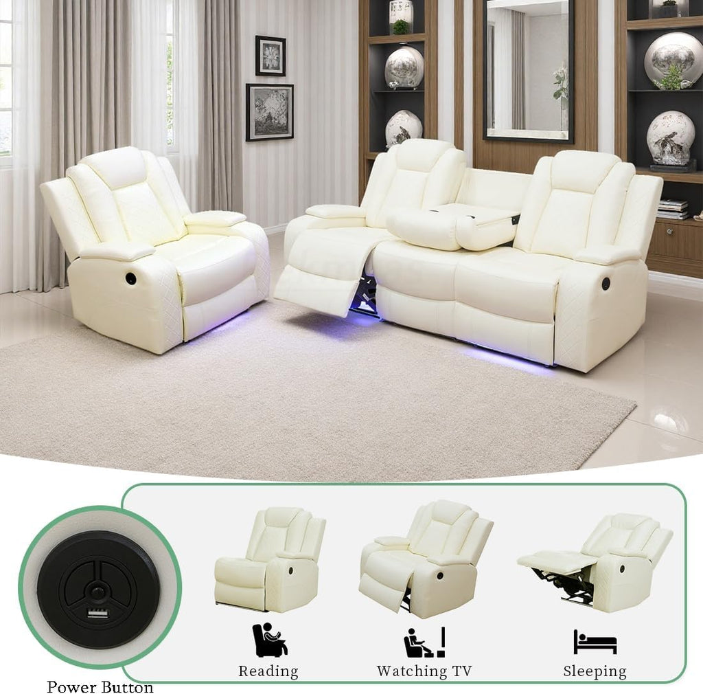 Dekxmas Breathing Leather Furniture Sets, Power Recliner Sofa Set, Living Room Sofa Vanilla White Sofa Couch, Chair with 3 Recliner Seats/Cup Holders/Storage Console/LED Light for Living Room