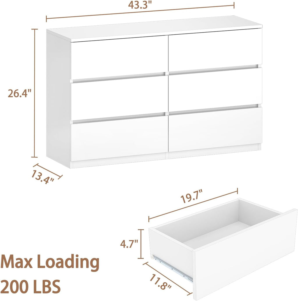 furtble 6 Drawer Dresser for Bedroom, Modern White Chest of Drawers No Handles Large Storage, Wood Dressers with Wide Drawers for Closet, Living Room, Home Office(43.3' W x13.4 Dx 26.4' H)