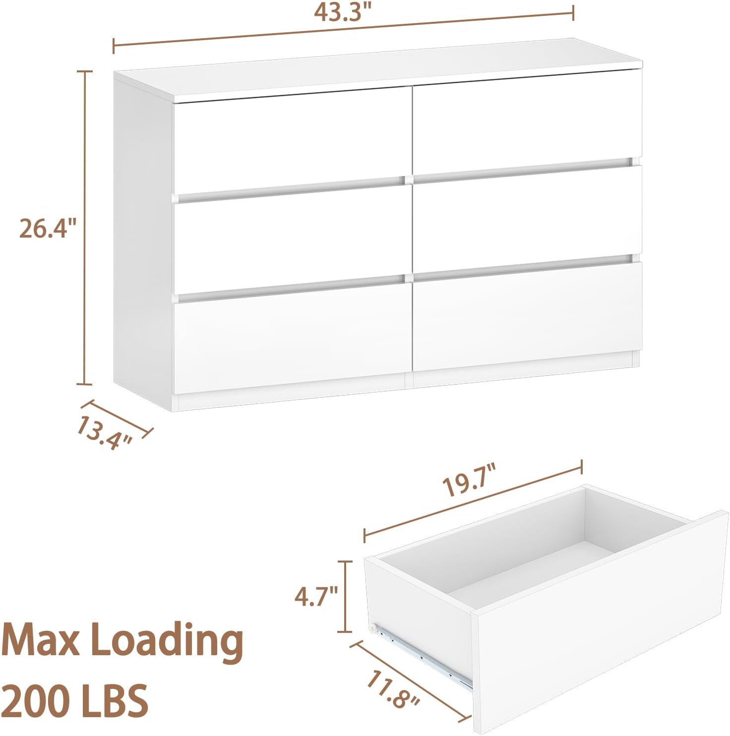 furtble 6 Drawer Dresser for Bedroom, Modern White Chest of Drawers No Handles Large Storage, Wood Dressers with Wide Drawers for Closet, Living Room, Home Office(43.3' W x13.4 Dx 26.4' H)